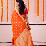 Vivid Orange Banarasi Satin Saree With Floral-Fauna Elegance
