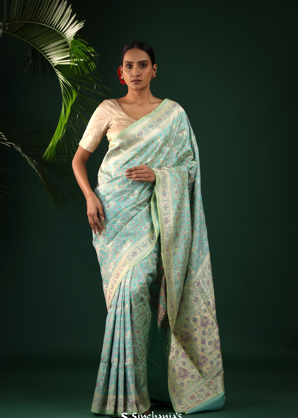 Tiffany Blue Banarasi Silk Saree With Pastel Ikat Patterns