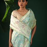 Tiffany Blue Banarasi Silk Saree With Pastel Ikat Patterns