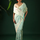 Tiffany Blue Banarasi Silk Saree With Pastel Ikat Patterns