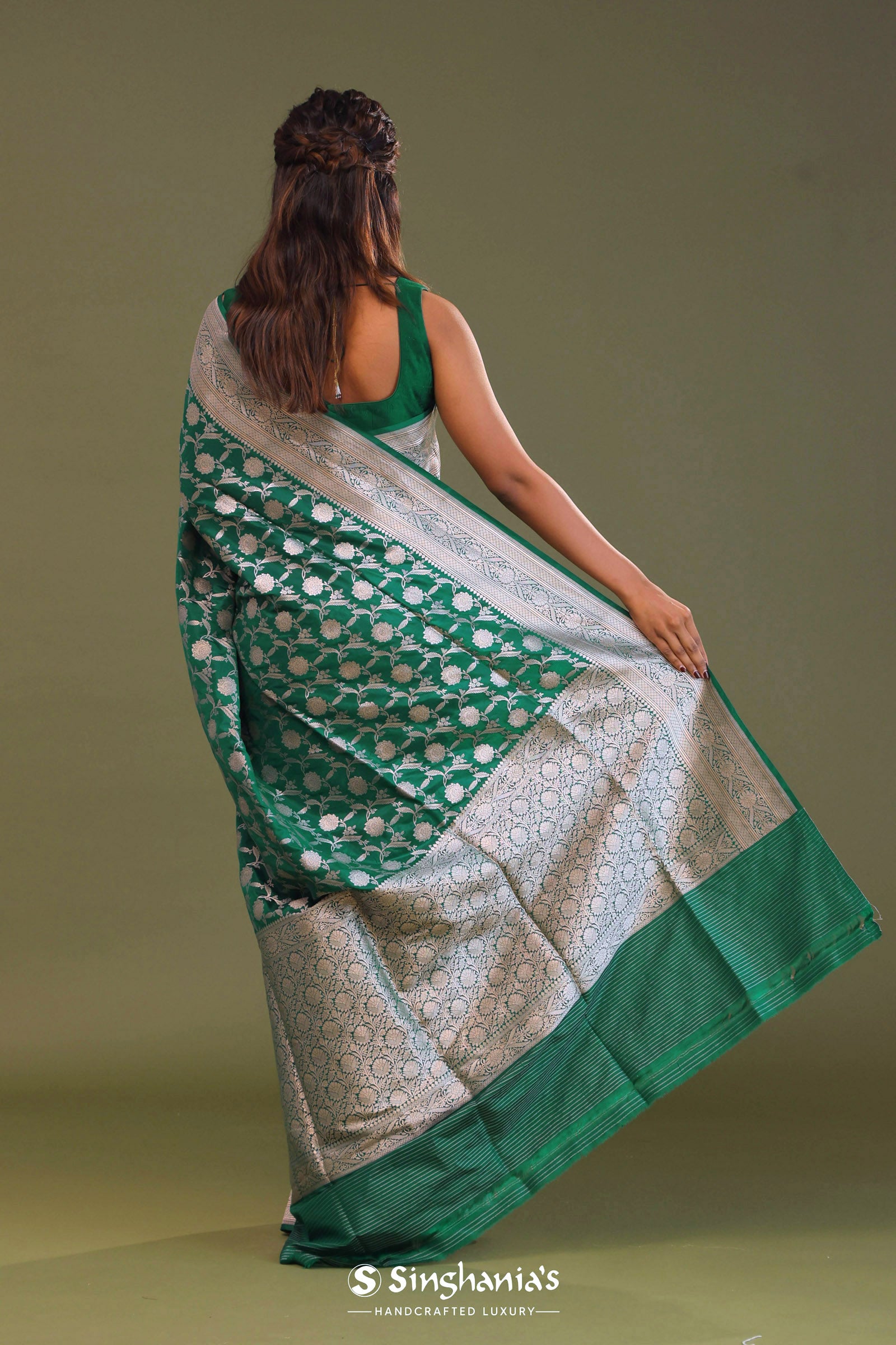 Dark Green Banarasi Saree With Leaf Jaal