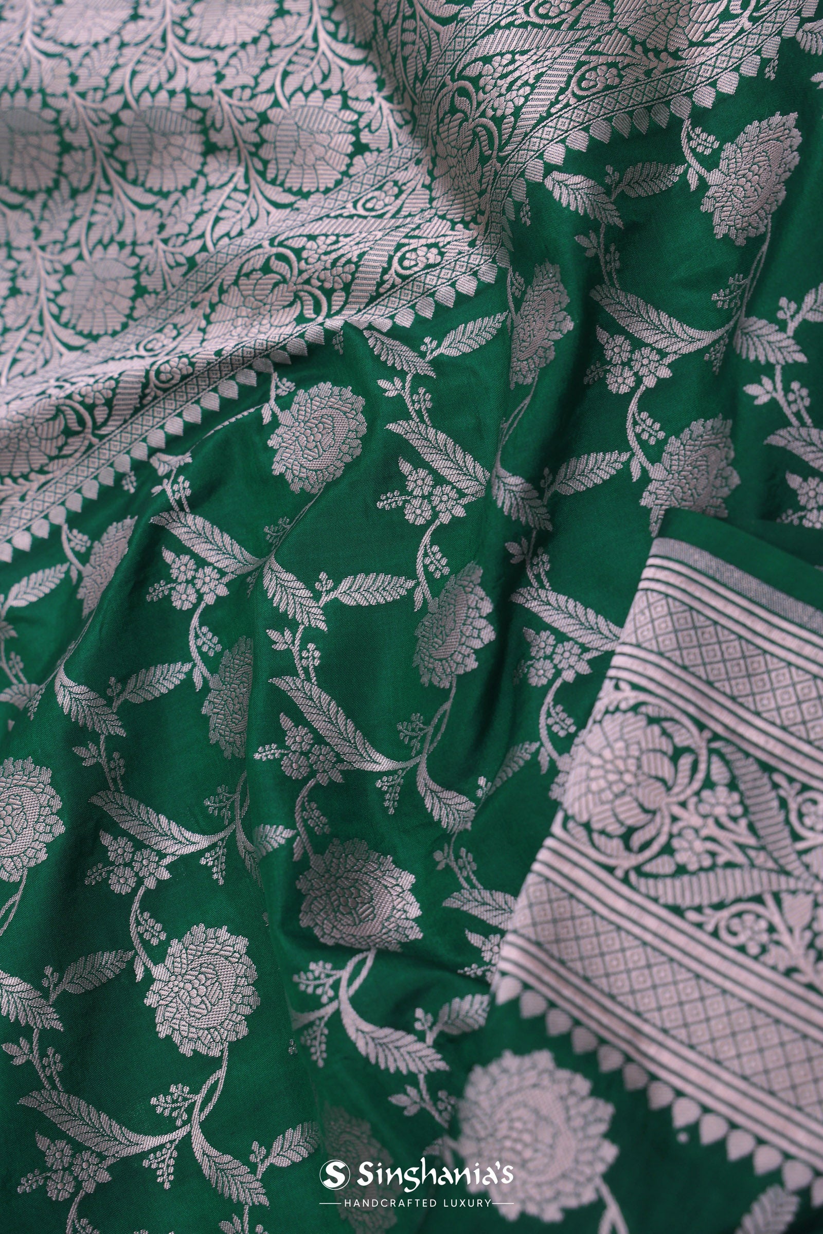 Dark Green Banarasi Saree With Leaf Jaal