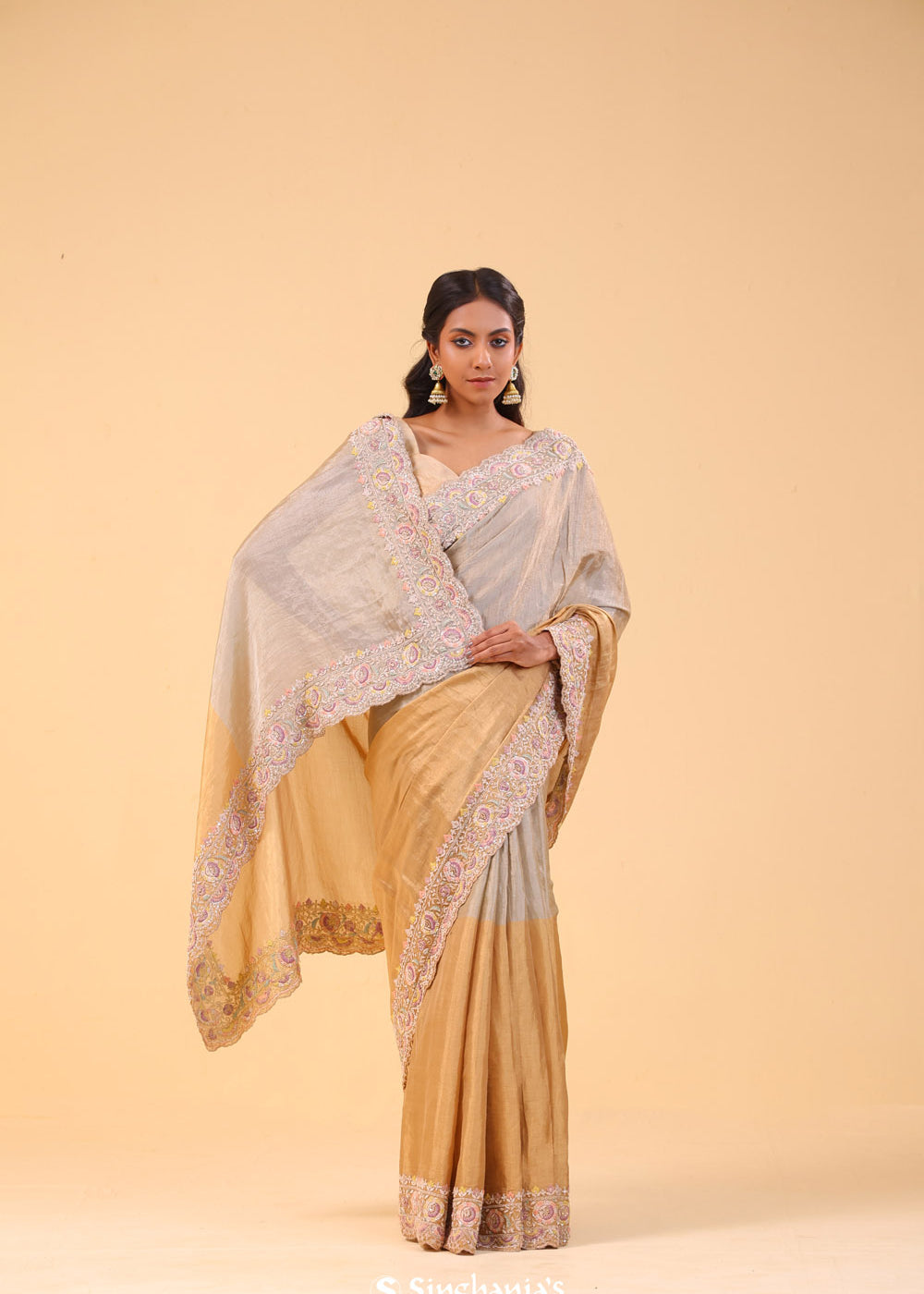 Silver Gold Dual-Colour Tissue Handcrafted Saree