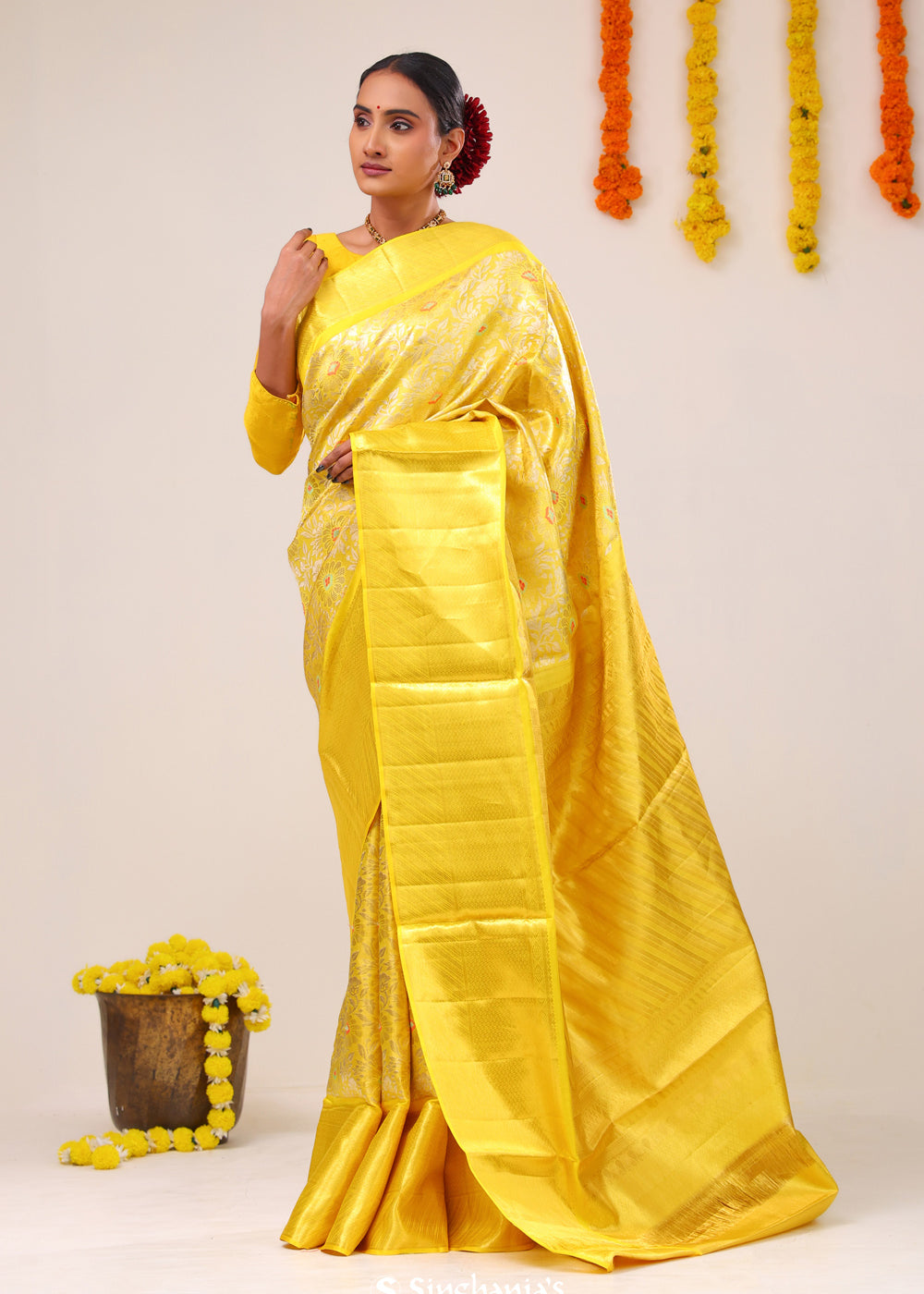 Yellow Gold Jaal Kanjivaram Silk Saree