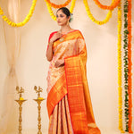 Pastel Peach-Gold Tissue Kanjivaram Saree With Floral Weaving