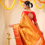 Pastel Peach-Gold Tissue Kanjivaram Saree With Floral Weaving