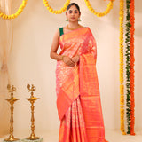 Melon Peach Tissue Kanjivaram Saree With Floral Weaving