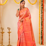 Melon Peach Tissue Kanjivaram Saree With Floral Weaving