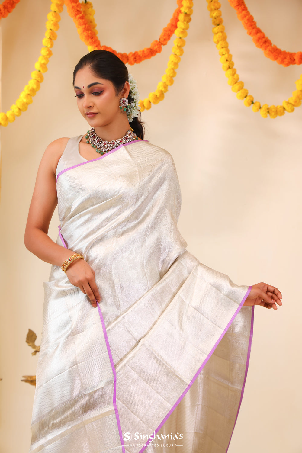 Bright Silver Tissue Kanjivaram Saree With Floral Weaving
