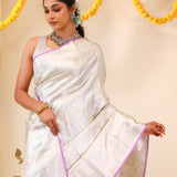 Bright Silver Tissue Kanjivaram Saree With Floral Weaving