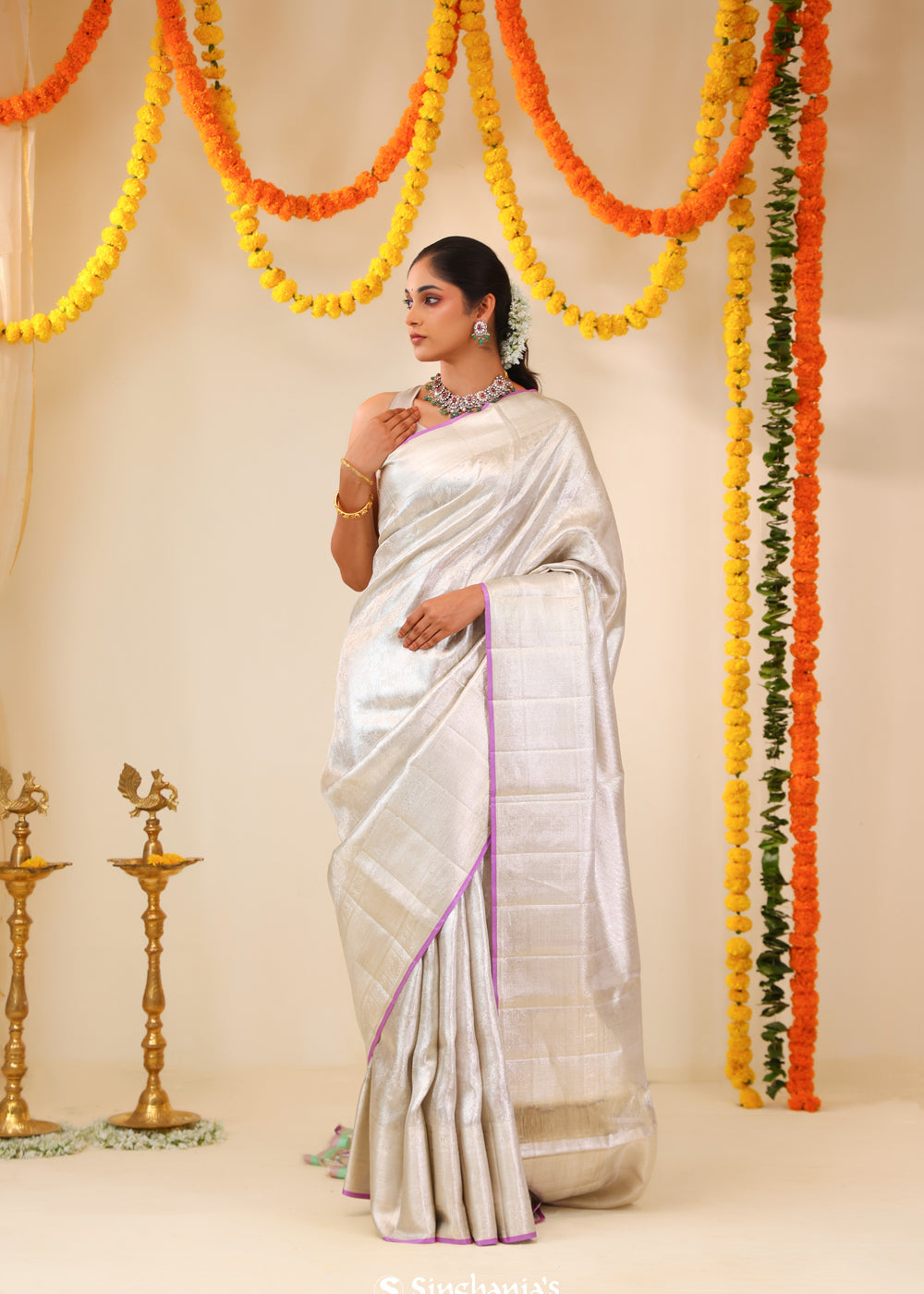 Bright Silver Tissue Kanjivaram Saree With Floral Weaving