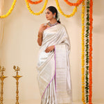 Bright Silver Tissue Kanjivaram Saree With Floral Weaving