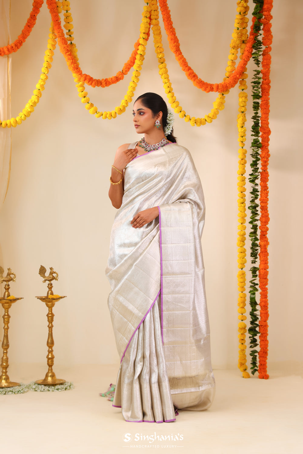 Bright Silver Tissue Kanjivaram Saree With Floral Weaving