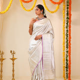 Bright Silver Tissue Kanjivaram Saree With Floral Weaving