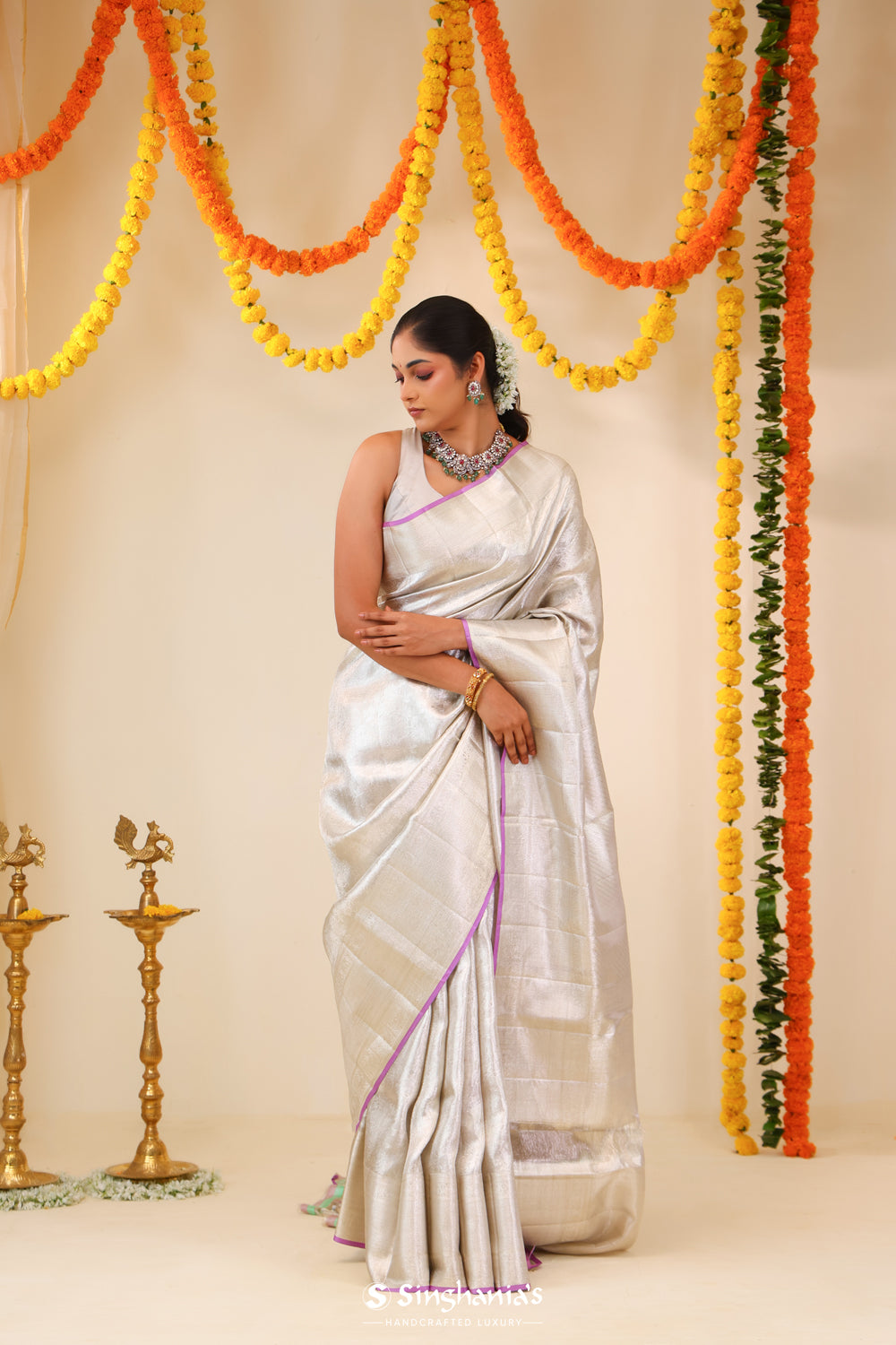 Bright Silver Tissue Kanjivaram Saree With Floral Weaving