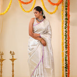 Bright Silver Tissue Kanjivaram Saree With Floral Weaving