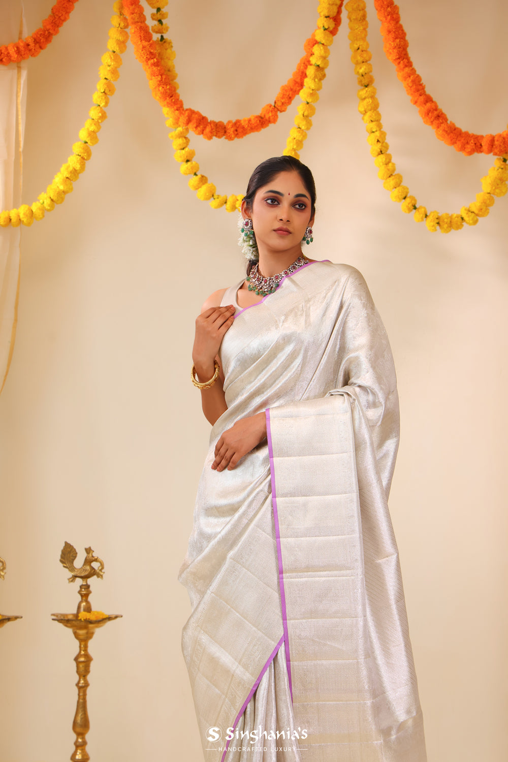Bright Silver Tissue Kanjivaram Saree With Floral Weaving