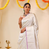 Bright Silver Tissue Kanjivaram Saree With Floral Weaving