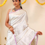 Bright Silver Tissue Kanjivaram Saree With Floral Weaving