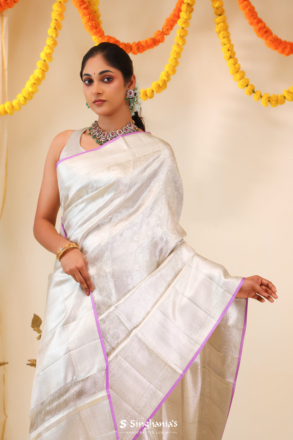 Bright Silver Tissue Kanjivaram Saree With Floral Weaving