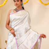 Bright Silver Tissue Kanjivaram Saree With Floral Weaving
