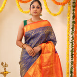 Dark Sapphire Kanjivaram Silk Saree With Floral Weaving