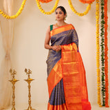 Dark Sapphire Kanjivaram Silk Saree With Floral Weaving