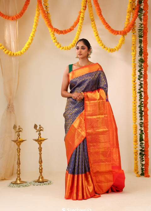 <img> Dark Sapphire Kanjivaram Silk Saree With Floral Weaving