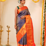 Dark Sapphire Kanjivaram Silk Saree With Floral Weaving