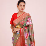 Printed Kanjivaram Silk Saree In Olive Green