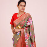 Printed Kanjivaram Silk Saree In Olive Green