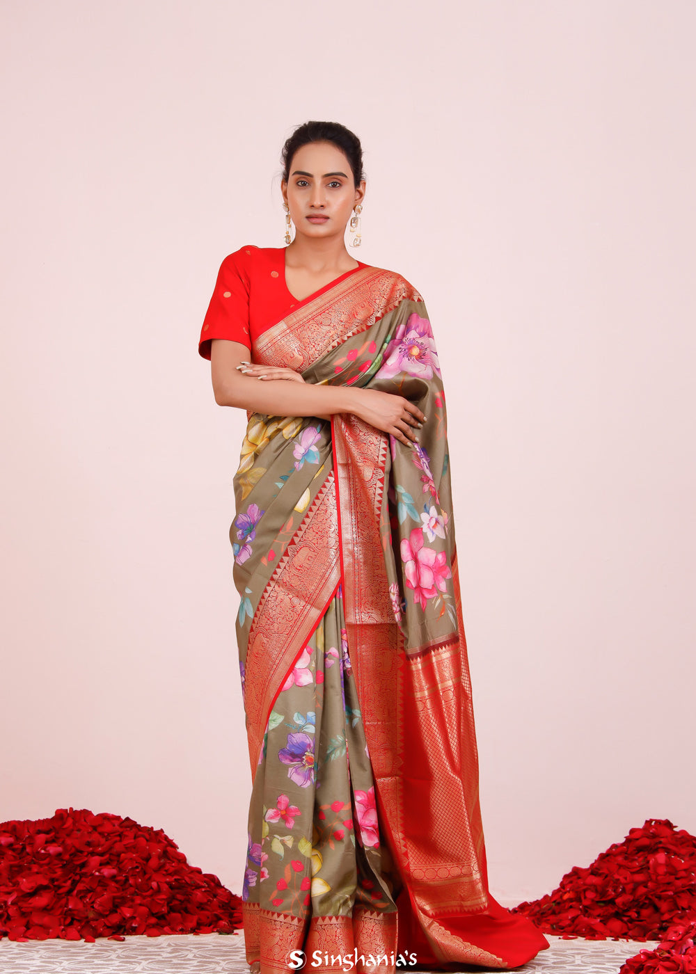 Printed Kanjivaram Silk Saree In Olive Green