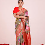 Printed Kanjivaram Silk Saree In Olive Green