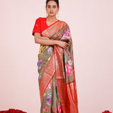 Printed Kanjivaram Silk Saree In Olive Green