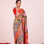 Printed Kanjivaram Silk Saree In Olive Green