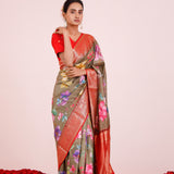Printed Kanjivaram Silk Saree In Olive Green