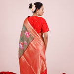 Printed Kanjivaram Silk Saree In Olive Green