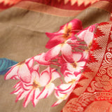 Printed Kanjivaram Silk Saree In Olive Green