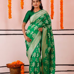 Irish Green Banarasi Silk Saree With Floral-Bird Weaving