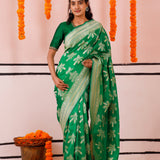 Irish Green Banarasi Silk Saree With Floral-Bird Weaving