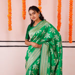 Irish Green Banarasi Silk Saree With Floral-Bird Weaving