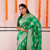 Irish Green Banarasi Silk Saree With Floral-Bird Weaving