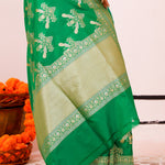 Irish Green Banarasi Silk Saree With Floral-Bird Weaving