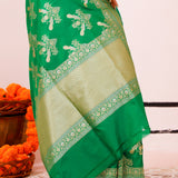 Irish Green Banarasi Silk Saree With Floral-Bird Weaving