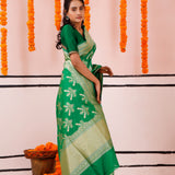 Irish Green Banarasi Silk Saree With Floral-Bird Weaving