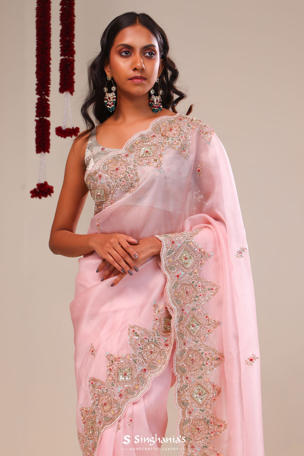 Pale Pink Organza Handcrafted Saree