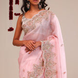 Pale Pink Organza Handcrafted Saree