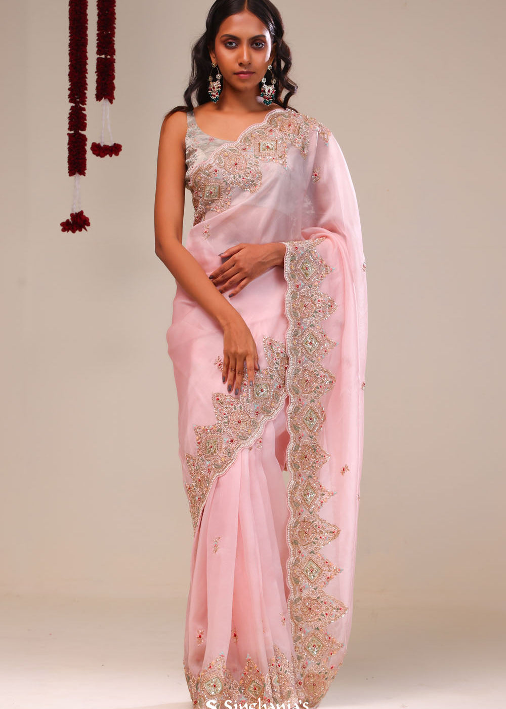 Pale Pink Organza Handcrafted Saree