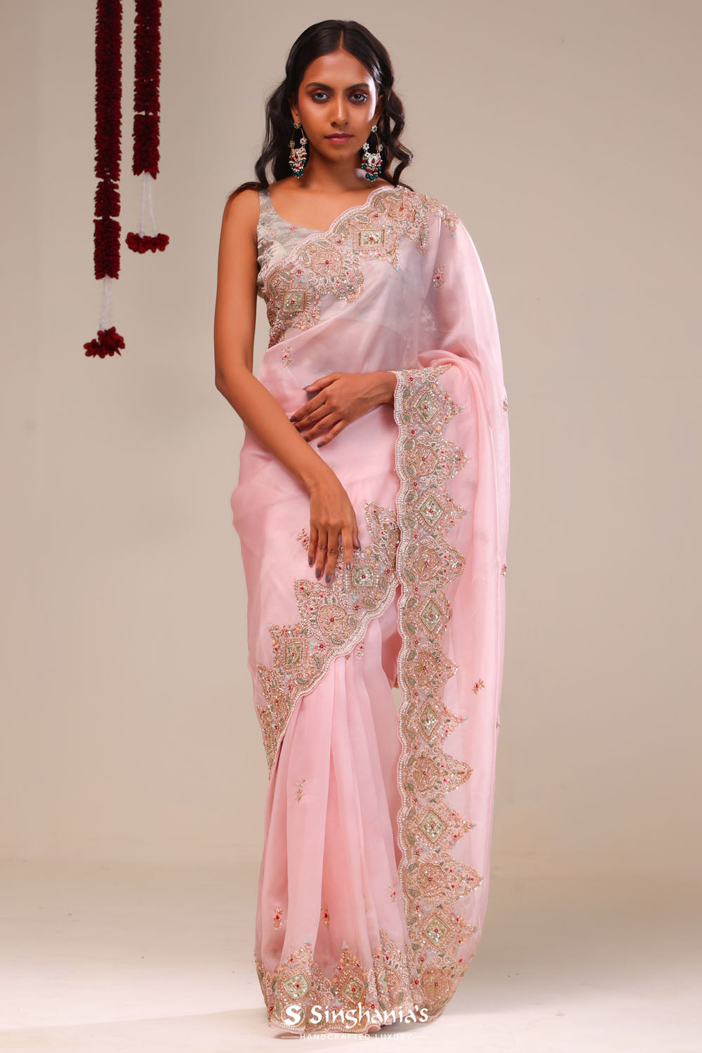Pale Pink Organza Handcrafted Saree