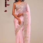 Pale Pink Organza Handcrafted Saree